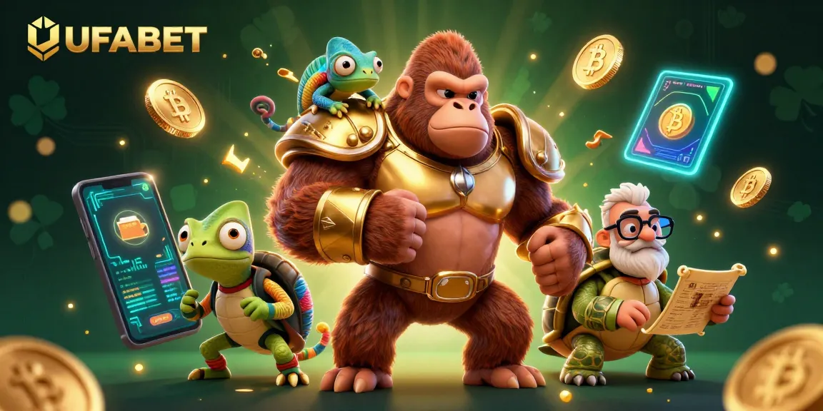 Win big at UFABET with elite 3D characters, cryptocurrencies, and vibrant casino elements in an immersive digital scene.