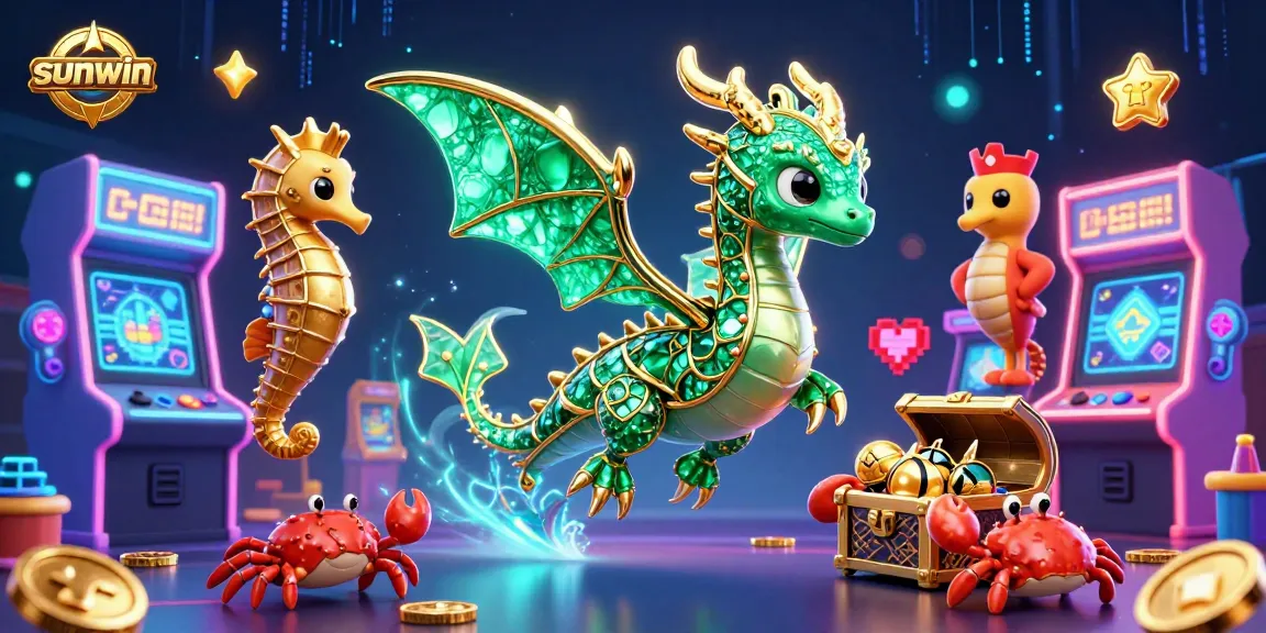 Play exciting games at Sunwin with a vibrant 3D casino scene showcasing magical sea creatures and glowing arcade elements.