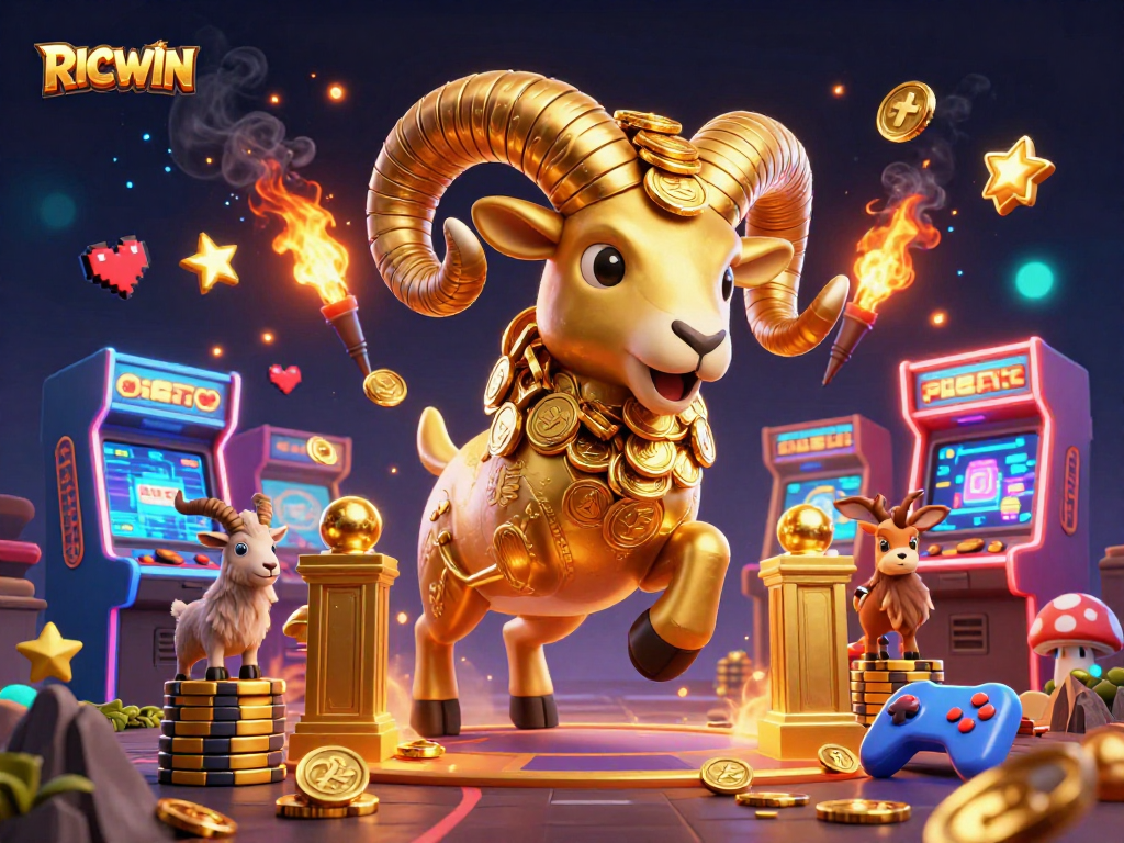 Charge into exciting gaming with the RICWIN golden ram navigating a vibrant casino scene.