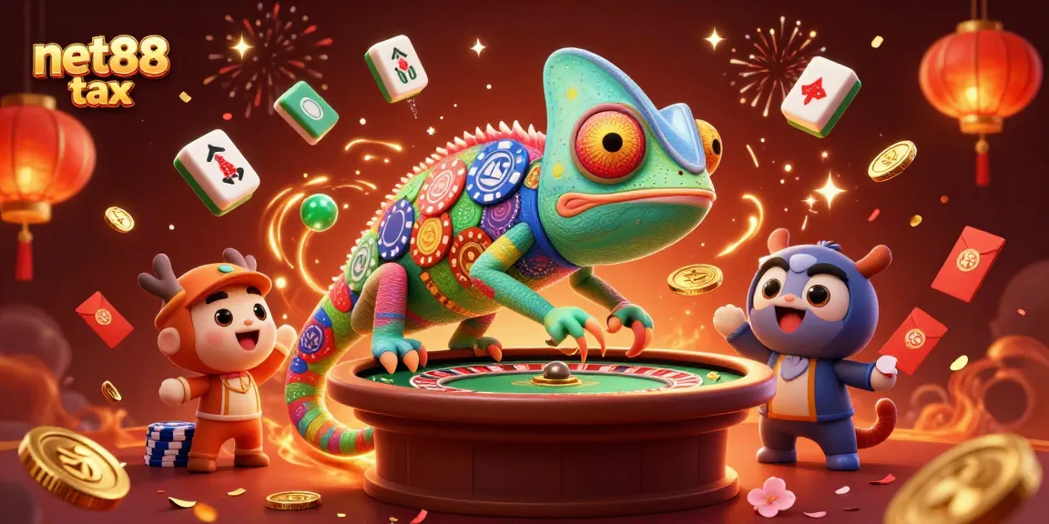 Engage with net88 tax at a vibrant casino scene featuring a chameleon owner and festive decor.