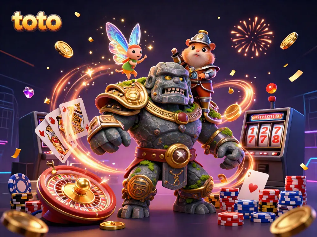 Experience thrilling toto casino adventures with a vibrant 3D scene of magical characters and game elements.