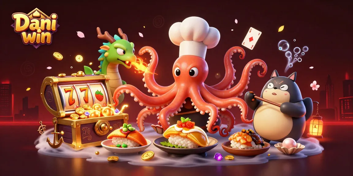 Dhani win showcases a vibrant scene with an octopus chef and dragon companion in a magical casino atmosphere.