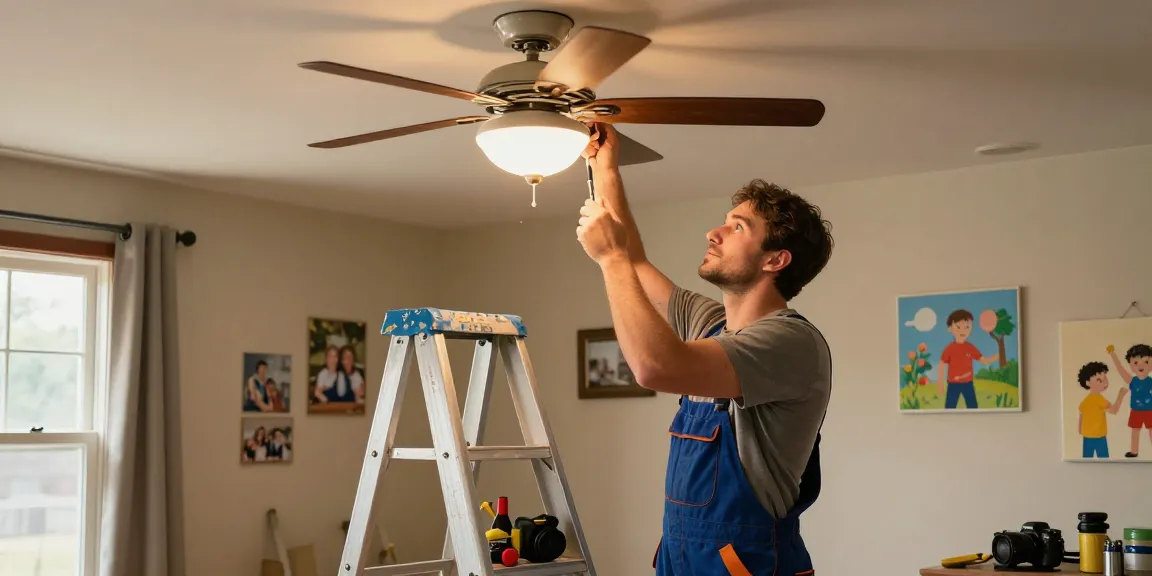 Electrician Stevens Point WI working on a ceiling fan in a cozy home setting
