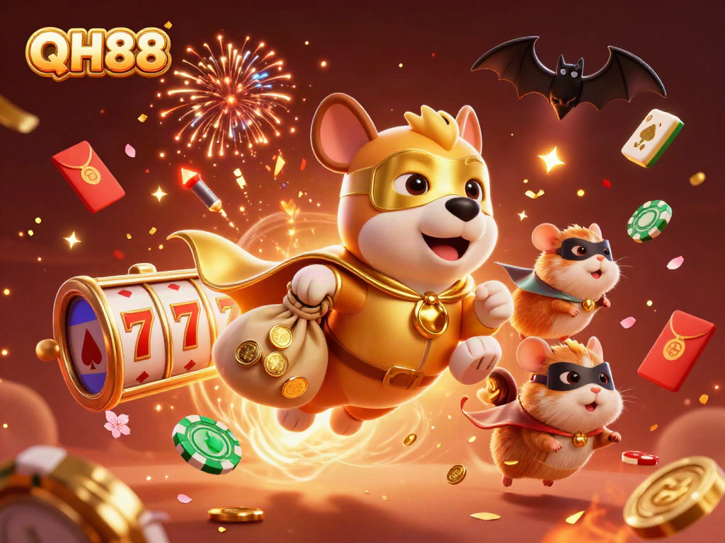 QH88 offers an engaging casino experience with a superhero dog and hamster surrounded by vibrant gaming elements.