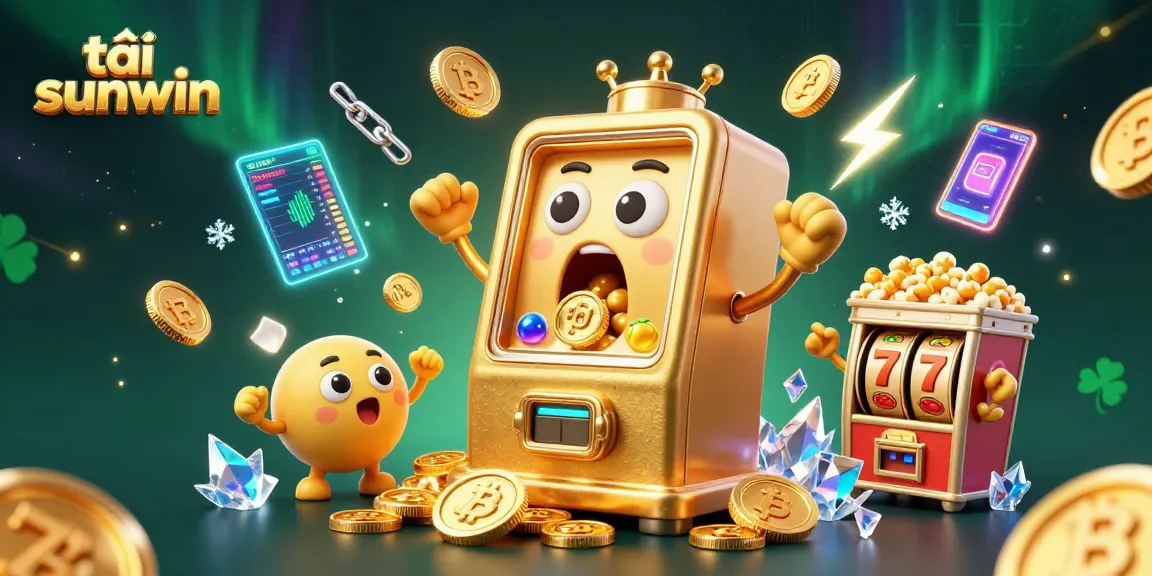 Win big with tải sunwin as a golden slot machine hits a jackpot amidst vibrant crypto elements.