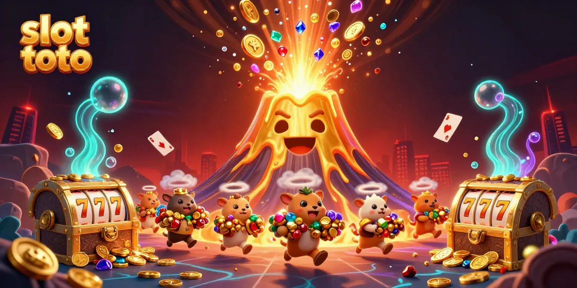 Experience the excitement of slot toto with a vibrant 3D cartoon scene featuring a golden volcano and treasure-filled adventures.