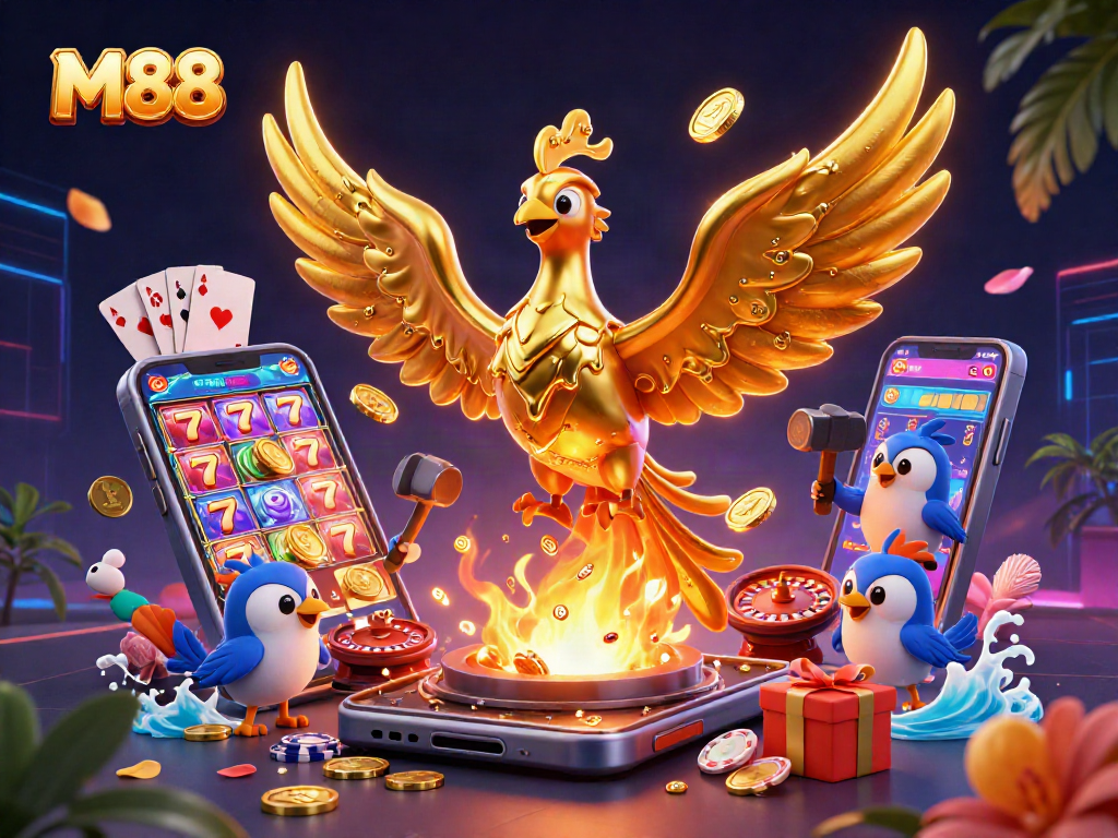 M88 captures the vibrant world of casinos with a golden phoenix amid gaming elements.