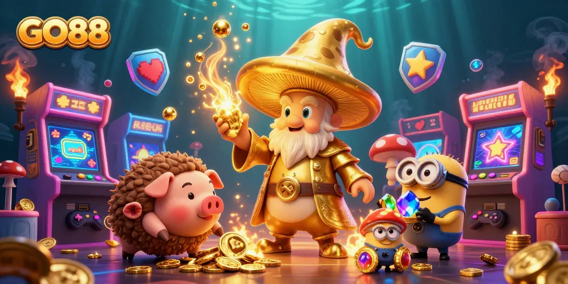 Engage with GO88's vibrant gaming universe as golden mushroom wizards channel magic among sparkling treasures and arcade games.